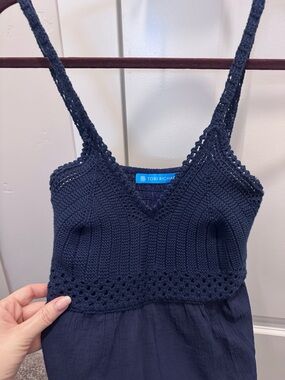 Tori Richard Navy Crochet Tiered Maxi Dress